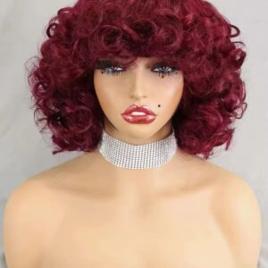 Bouncy Curly Human Hair wigs with bangs 200% density, curly bob wigs Color burgundy
