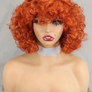 Bouncy Curly Human Hair wigs with bangs 200% density, curly bob wigs Color #350 = Orange